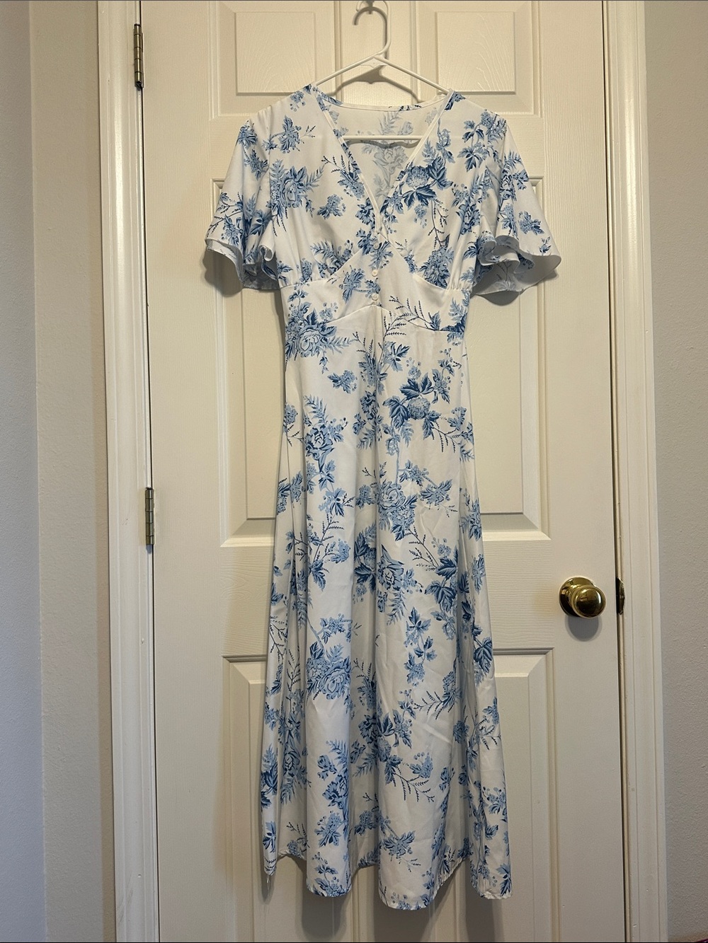White & Blue Floral Midi Dress - Elegant Summer Style